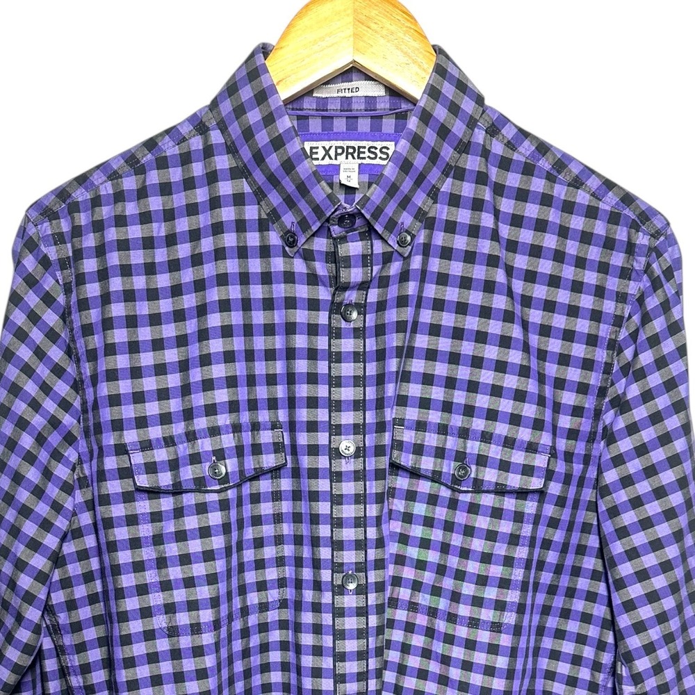 Express Mens Fitted Gingham Check Button Down Long Sleeve Shirt Size M